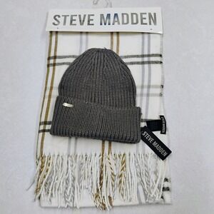 Steve‎ Madden Knit Beanie Hat & Plaid Scarf Set Women's Winter Accessories NEW